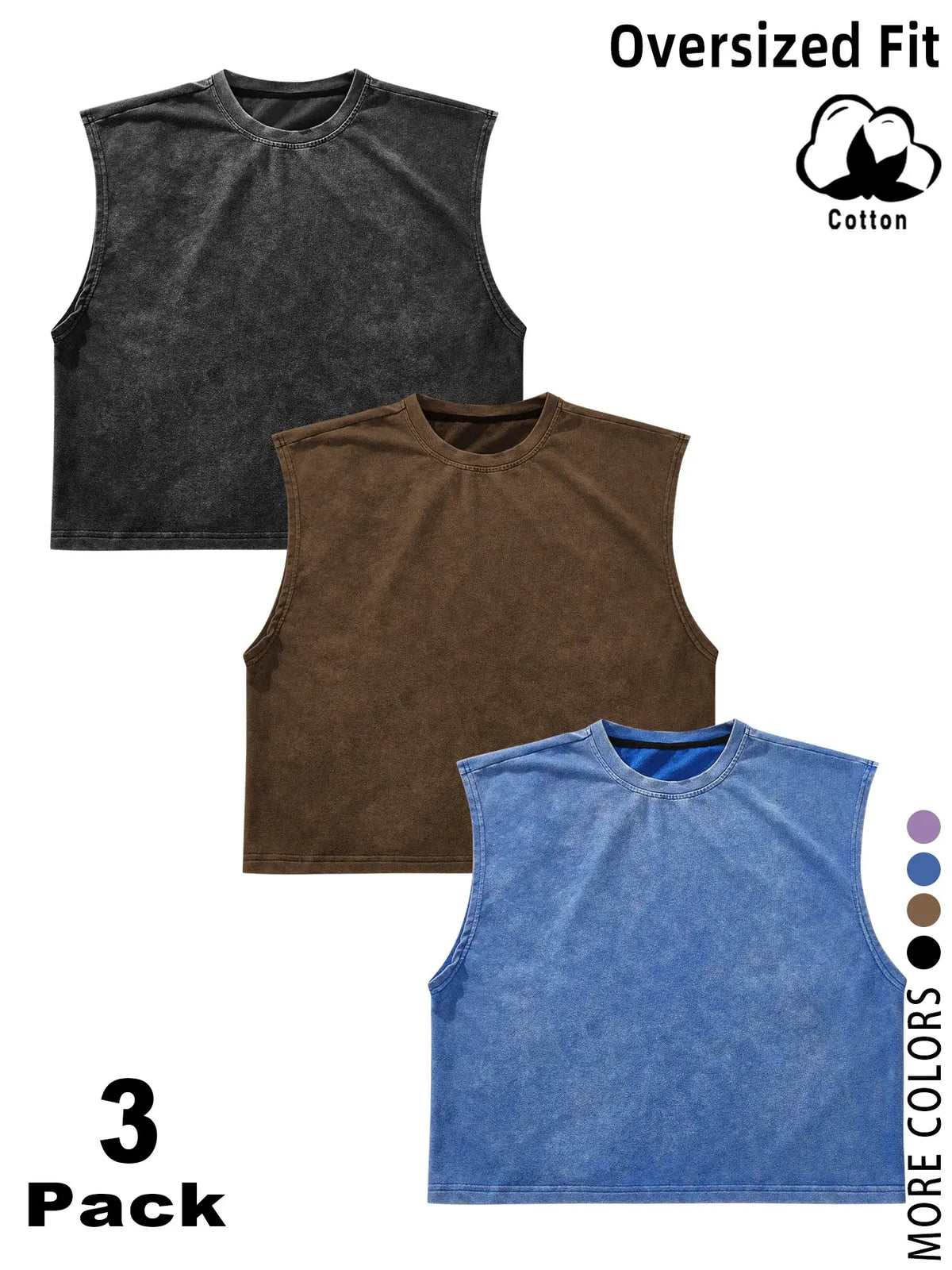 3 Pack/1 Pack Vintage Washed Solid Sleeveless Tank Tops, Unisex Oversized Crew Neck Cotton Cropped Muscle Shirts, Casual Loose Fit Basic Tees, Breathable Soft Fabric, Multiple Colors Available, Men Women Summer Streetwear, Workout, Daily Wear, Y2K Style