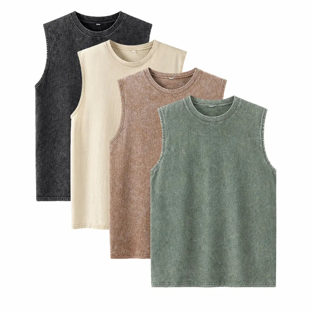 Men’s Plus-Size 4-Piece Classic Crew Neck Tshirt Set, Heavyweight Cotton, Stone-Washed Distressed Finish, Relaxed Drop-Shoulder, Reinforced Ribbed Trim, Retro Streetwear, Black+Gray+Green+Brown, Suitable for Fitness, American High-Street Basic