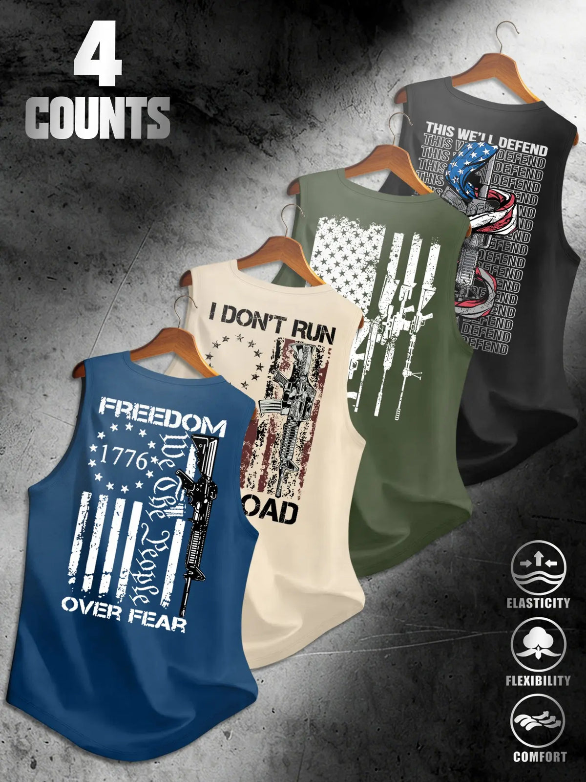 American Flag Print Men's Sleeveless Vest 4-Pack, Breathable Stretchy Fabric, Sporty Fitted, Comfortable for Daily Streetwear, Graphic Sleeveless Shirts
