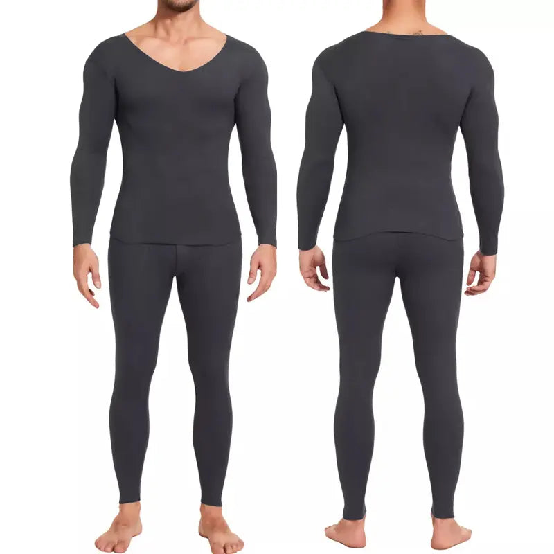 Cattibor Men's 2-Piece Thermal Underwear Set - Menswear Plain Soft Stretch Fabric Base Layer, Fleece-Lined V-Neck Top & Leggings for Winter Outdoor Gym Activities
