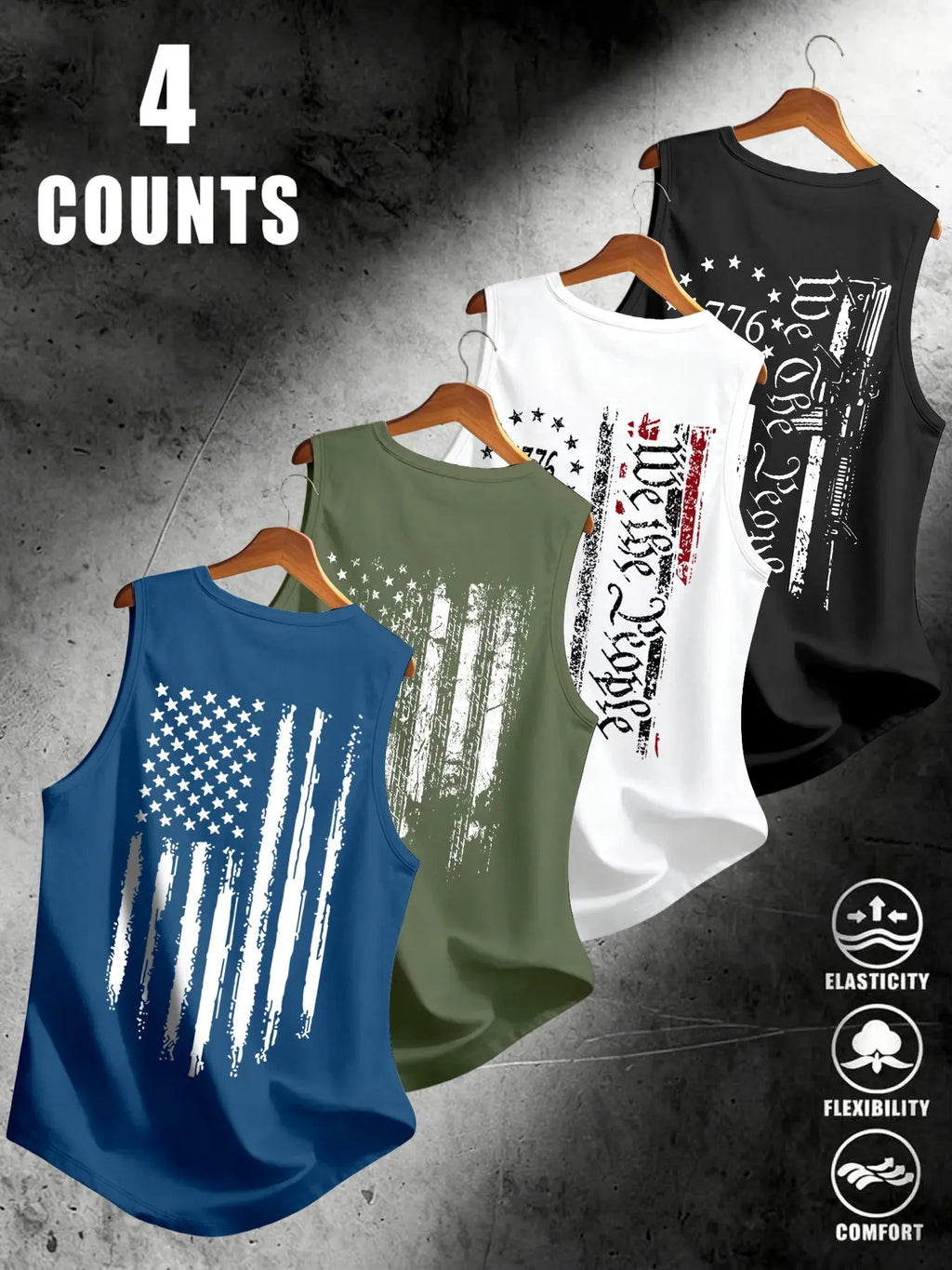 American Flag Print Men's Sleeveless Vest 4-Pack, Breathable Stretchy Fabric, Sporty Fitted, Comfortable for Daily Streetwear, Graphic Sleeveless Shirts