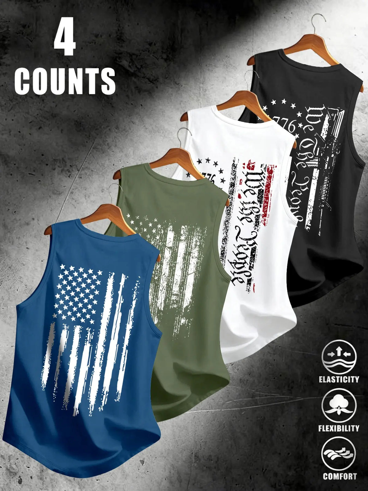 American Flag Print Men's Sleeveless Vest 4-Pack, Breathable Stretchy Fabric, Sporty Fitted, Comfortable for Daily Streetwear, Graphic Sleeveless Shirts