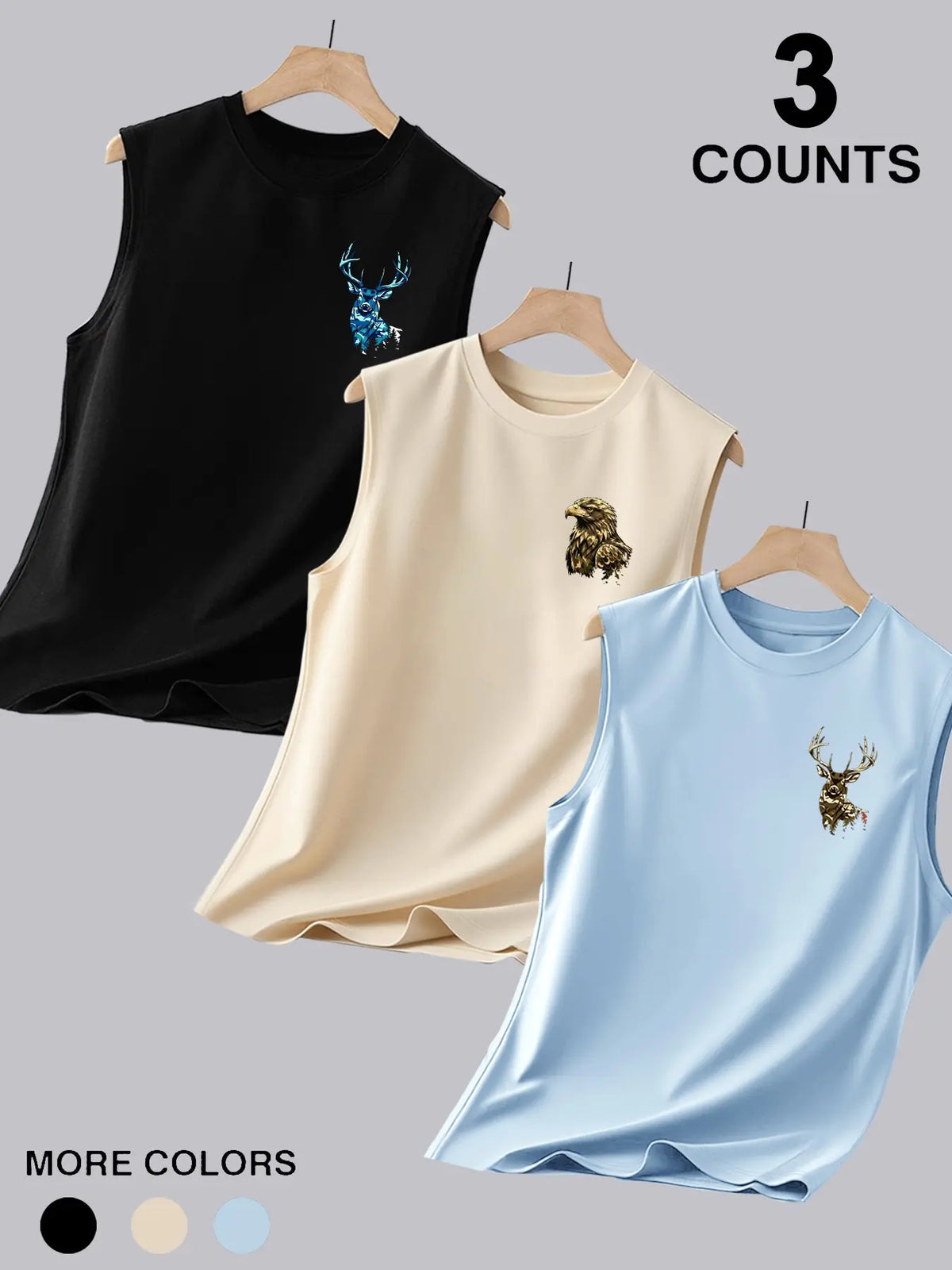 3-Pack Men's Crew Neck Sleeveless Muscle Tank Tops, Double-Sided Printed with Distressed Camo Wildlife Eagle Vintage American Flag Graphics, Ideal for Outdoor Hunting, Workout, Camping & Daily Wear