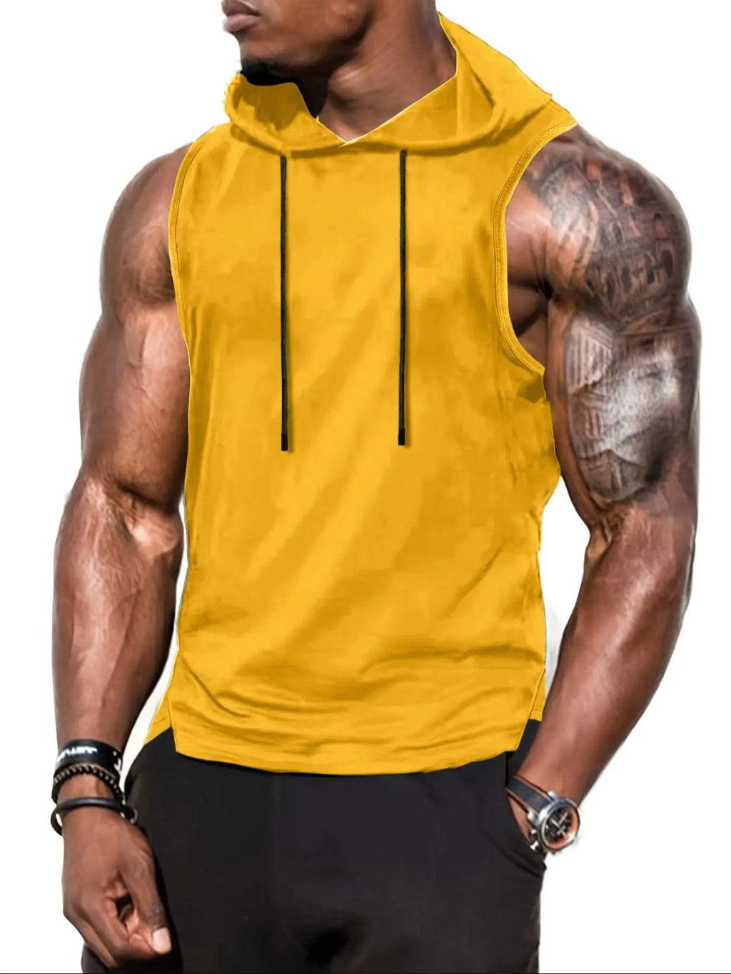 Men's Plain Drawstring High Low Hem Hooded Tank Top, Sleeveless Shirt, Regular Fit Casual Sleeveless Vest, Going Out Top, National Day Clothing, Sleeveless Clothes