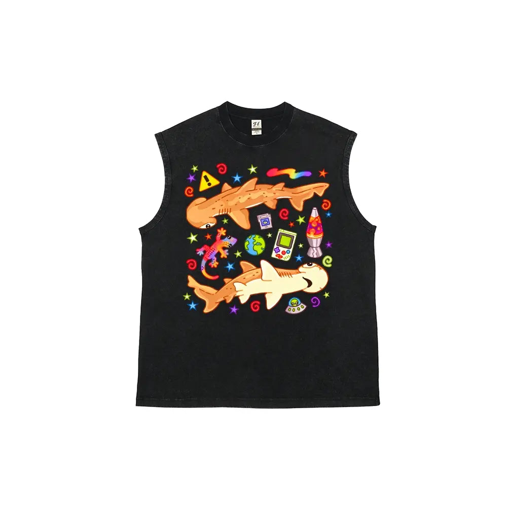 Ocean, childlike fun, psychedelic Cartoon Hammerhead Shark Unisex Plus Size Summer Graphic Tees Personalized Pattern Y2k Clothing Round Neck Short-Sleeved Washed Vests,Women's Clothing 100% Cotton, Menswear, Top, Vintage Style, Casual Oversized