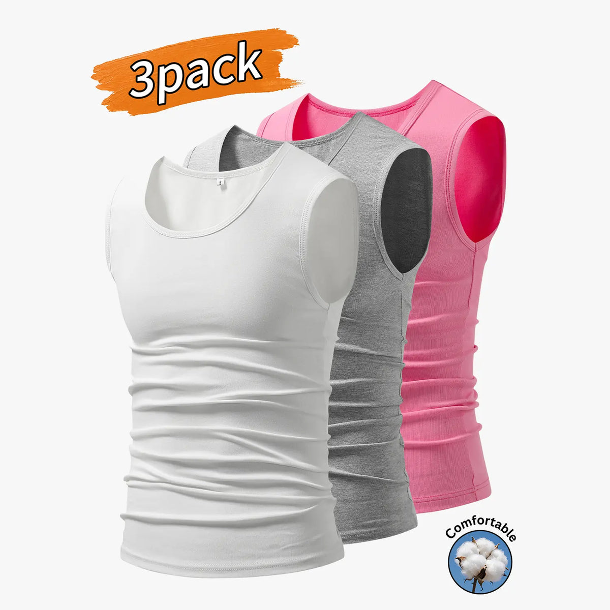 3-Pack Men’s Tank Tops, Men’s Sleeveless T-Shirts, Men’s Cotton Tank Tops Crew neck, simple design; soft, stretchy fabric that feels gentle against the skin and is breathable when worn. Suitable for everyday layering, home wear/sleeping, and workouts/runn