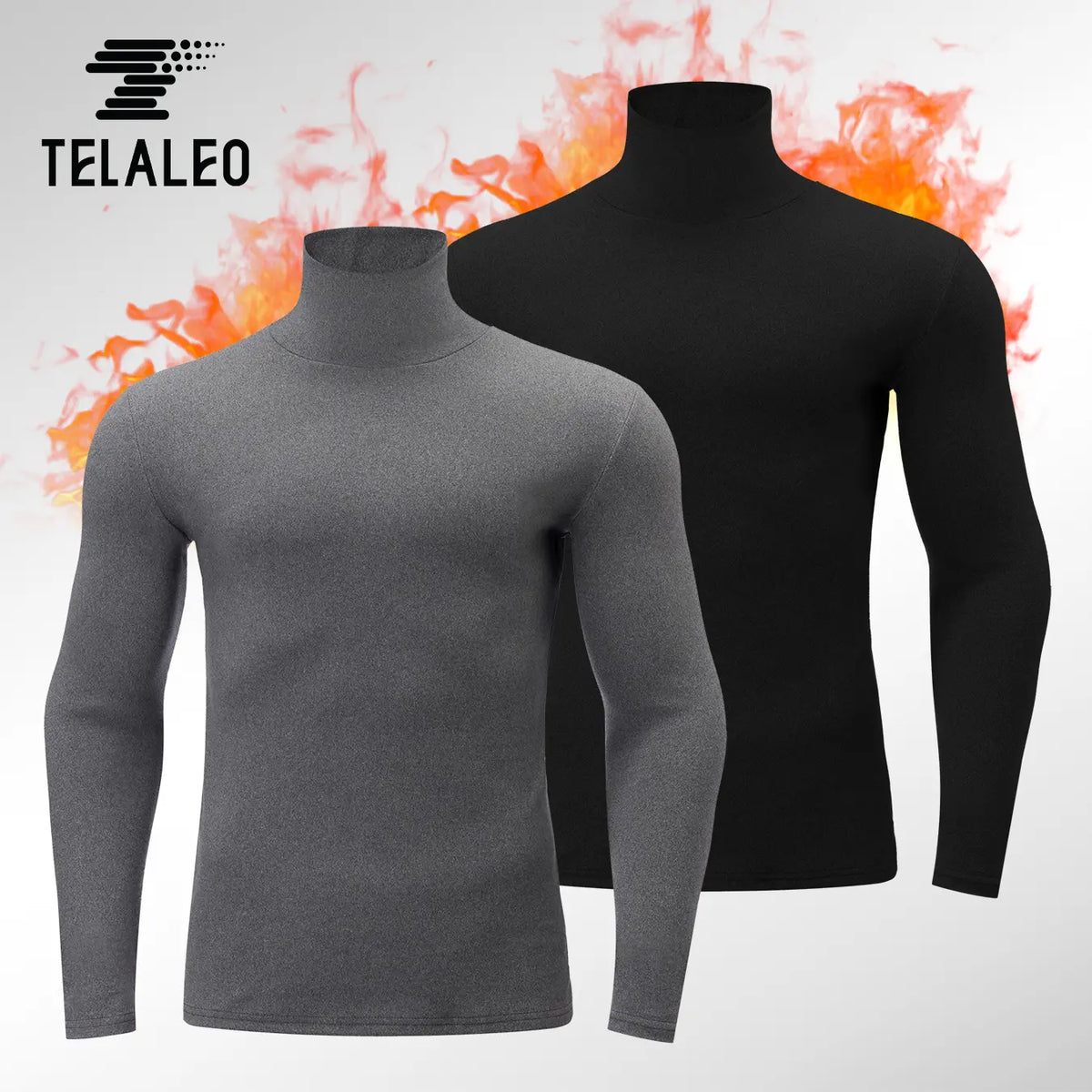 TELALEO Men's 2-Pack High Neck Thermal Shirts - Double-Sided Plain Fleece-Lined, Pull-On, Long Sleeve, Normal Type, Regular Fit Sports Winter Underwear for Male Outdoor Activities