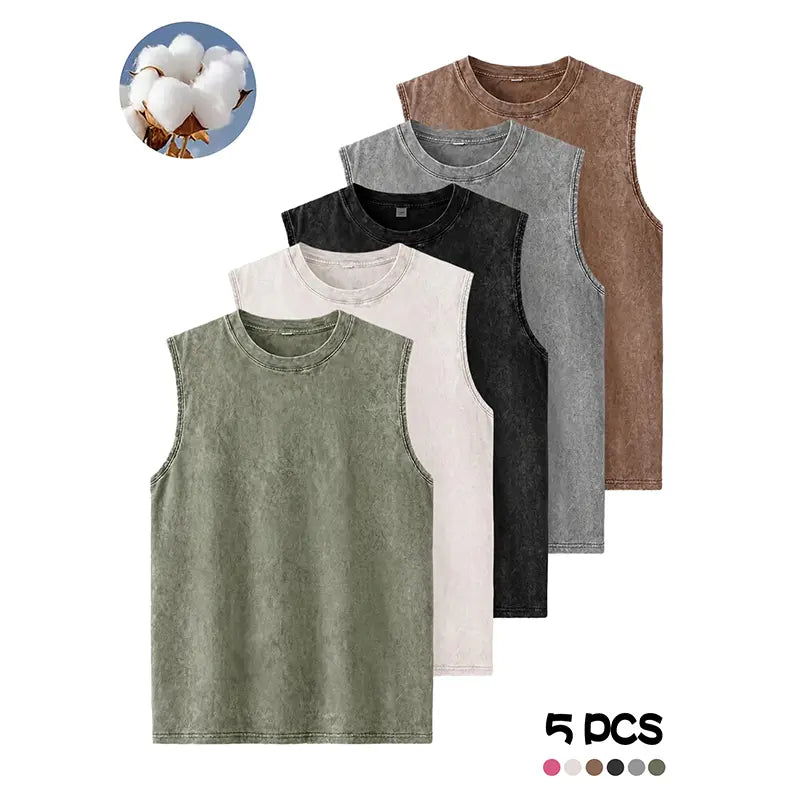 Men's Fashion Washed Pure Cotton Crew Neck Sleeveless Tank Tops, Breathable Moisture-Wicking Vest for Summer Outdoor Sports, Casual Outings