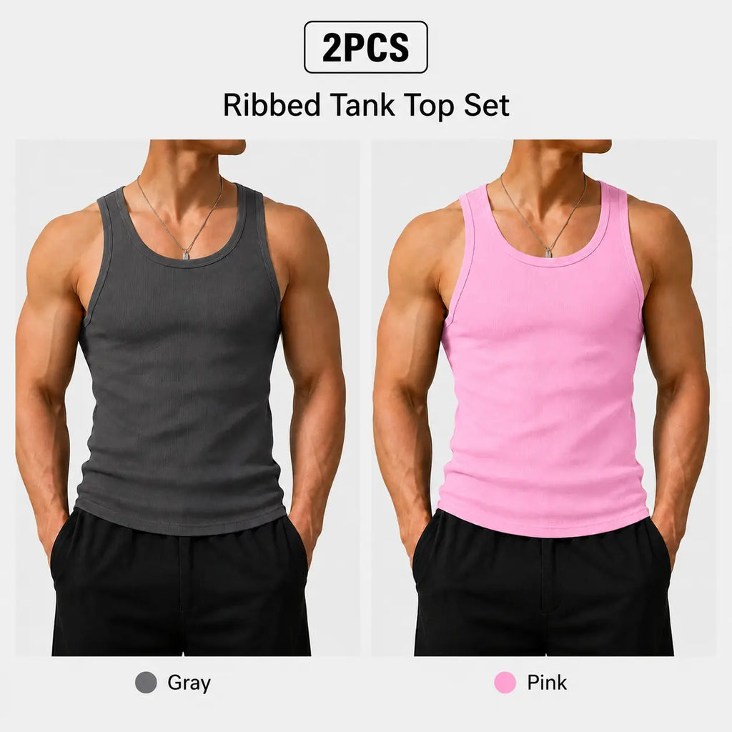 Summer men’s 2-pack anti-crease, no-bulge, high-stretch sleeveless U-neck tank tops—colorfast, wear-resistant, non-pilling, shape-stable—suitable for everyday, indoor, and sports casual wear.