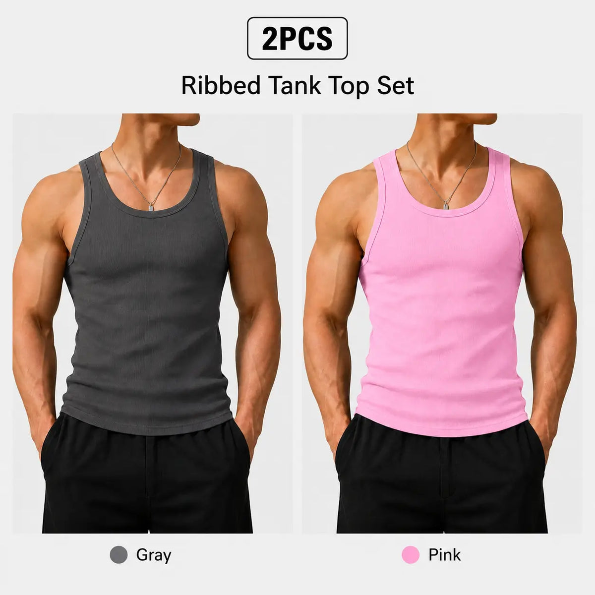 Summer men’s 2-pack anti-crease, no-bulge, high-stretch sleeveless U-neck tank tops—colorfast, wear-resistant, non-pilling, shape-stable—suitable for everyday, indoor, and sports casual wear.