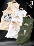 3-Pack Texas Western Cowboy Print Sleeveless Vest, Vintage Bull Head Design, Comfortable Sporty Top, Daily Wear, Unique Style, Tank Vest