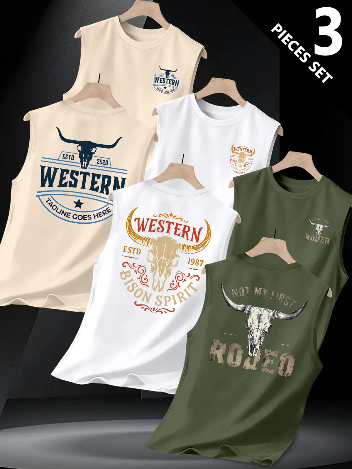 3-Pack Texas Western Cowboy Print Sleeveless Vest, Vintage Bull Head Design, Comfortable Sporty Top, Daily Wear, Unique Style, Tank Vest