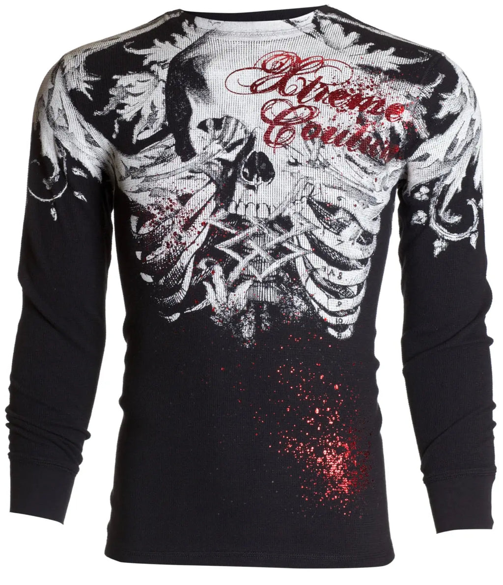 Xtreme Couture Men's Persimmon Gothic Thermal Crew Neck T-Shirt - s, 100% Cotton, Full Length Long Sleeve, Front & Back Printed Graphic, Gothic T-Shirts for Chill Days, Bold Style Menswear Top