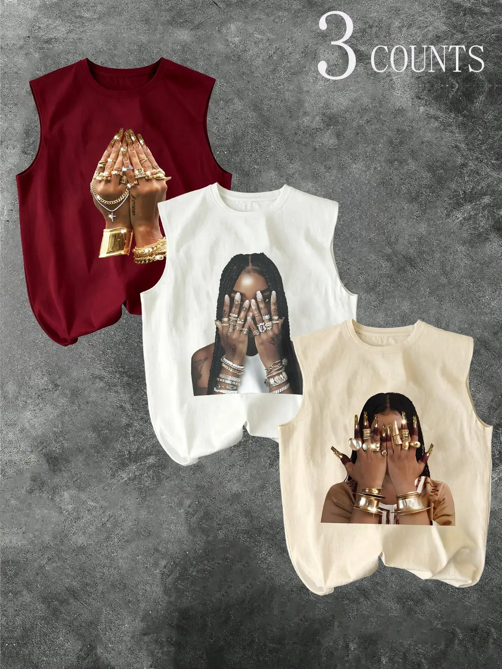 Men's Three-Piece Trendy Casual Oversized Loose Sleeveless Vest Set, Face-Wiping Woman Graphic Print, Perfect for Summer Clothes, Vacation, Friend Gatherings