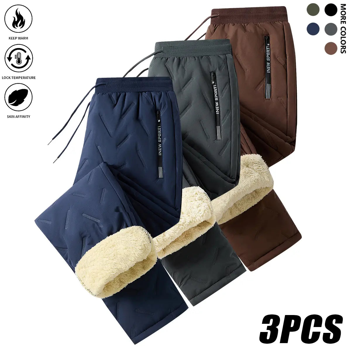 Men’s 3-Pack Fleece-Lined Plain Full-Length Solid Thermal Pants - Low-Rise Elastic Waistband with Drawstring, Zippered Pockets, Machine-Washable Woven Casual Menswear for Under-Layer Warmth