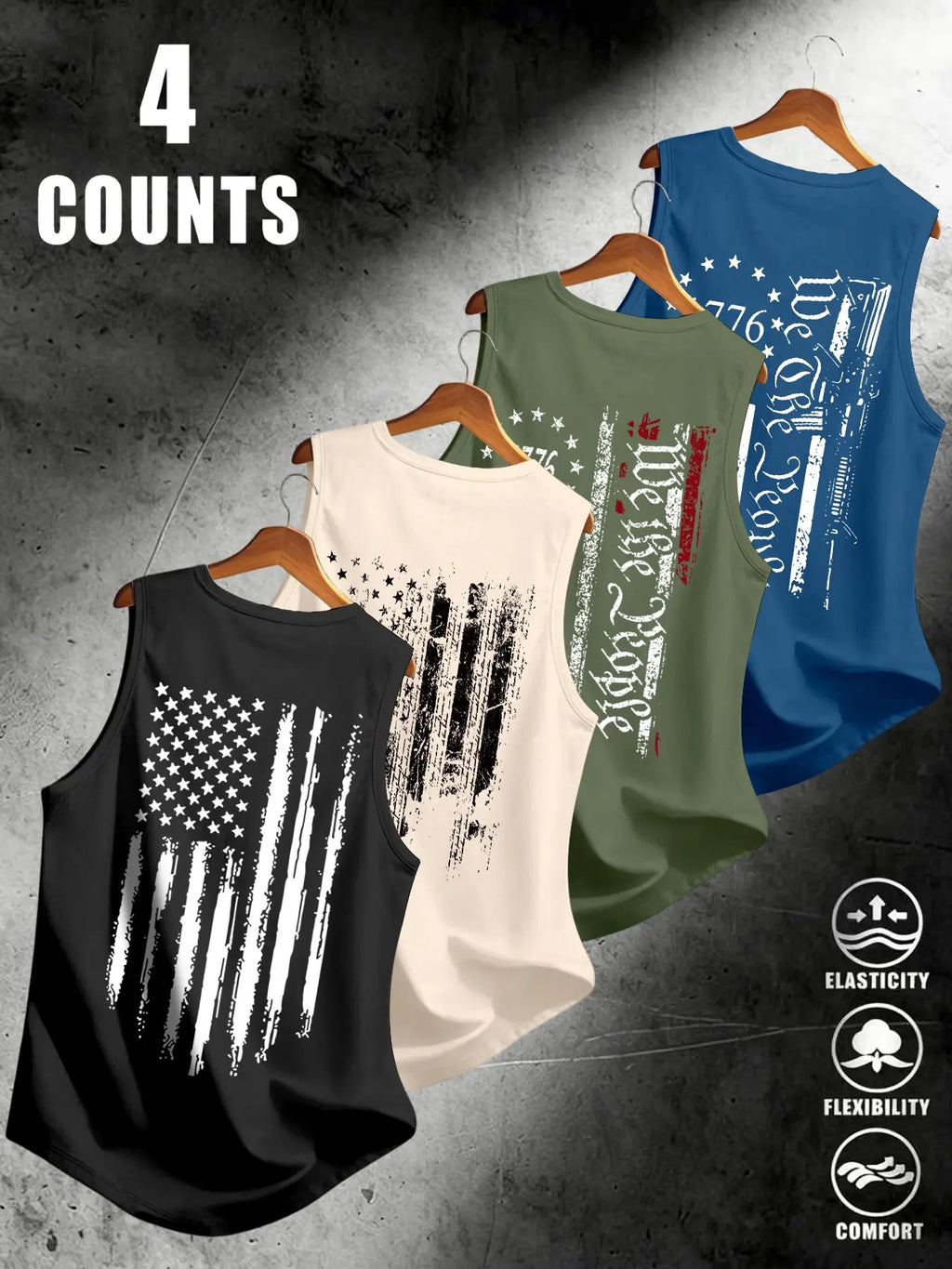 Men's Sleeveless Flag Print Tank Top, Breathable Stretchy Fabric, Street Style, Fitted Design, Comfortable Daily Wear, Streetwear Tank Vest, Sleeveless Tank Tops