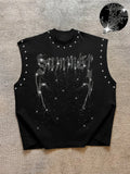 Men's Casual Graphic Sleeveless Sparkly Glitter Vest with Rhinestone Letters and Abstract Contour Print, Comfortable Regular Fit, Fashion Versatile, Street Style, Streetwear Tank Vest