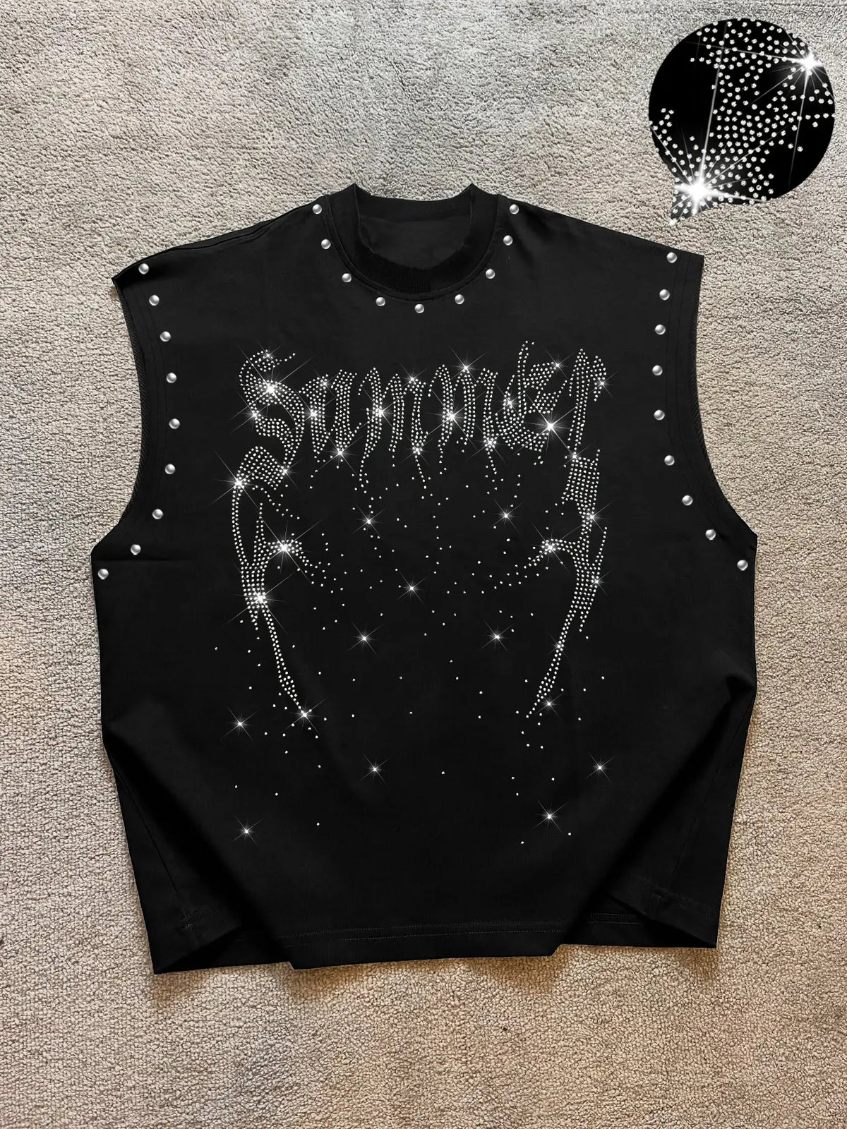 Men's Casual Graphic Sleeveless Sparkly Glitter Vest with Rhinestone Letters and Abstract Contour Print, Comfortable Regular Fit, Fashion Versatile, Street Style, Streetwear Tank Vest