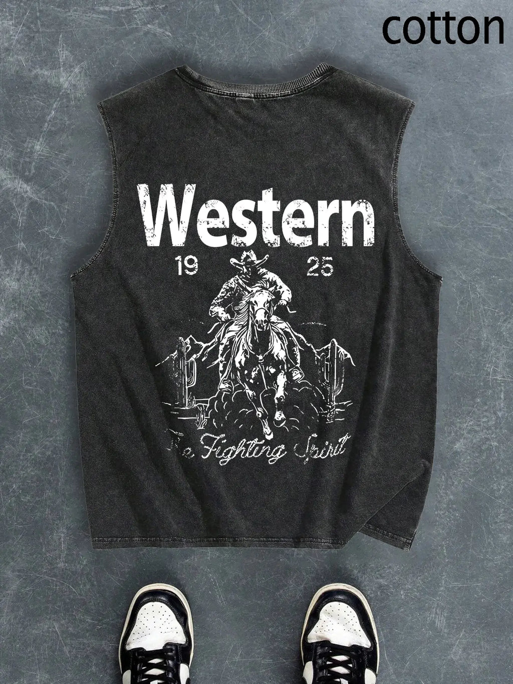 Men's Regular Fit Cartoon Cowboy & Letter Print Tank Top, Casual Comfy Breathable Sleeveless Top for Summer, Fashion Men's Clothes for Daily Wear, Socks