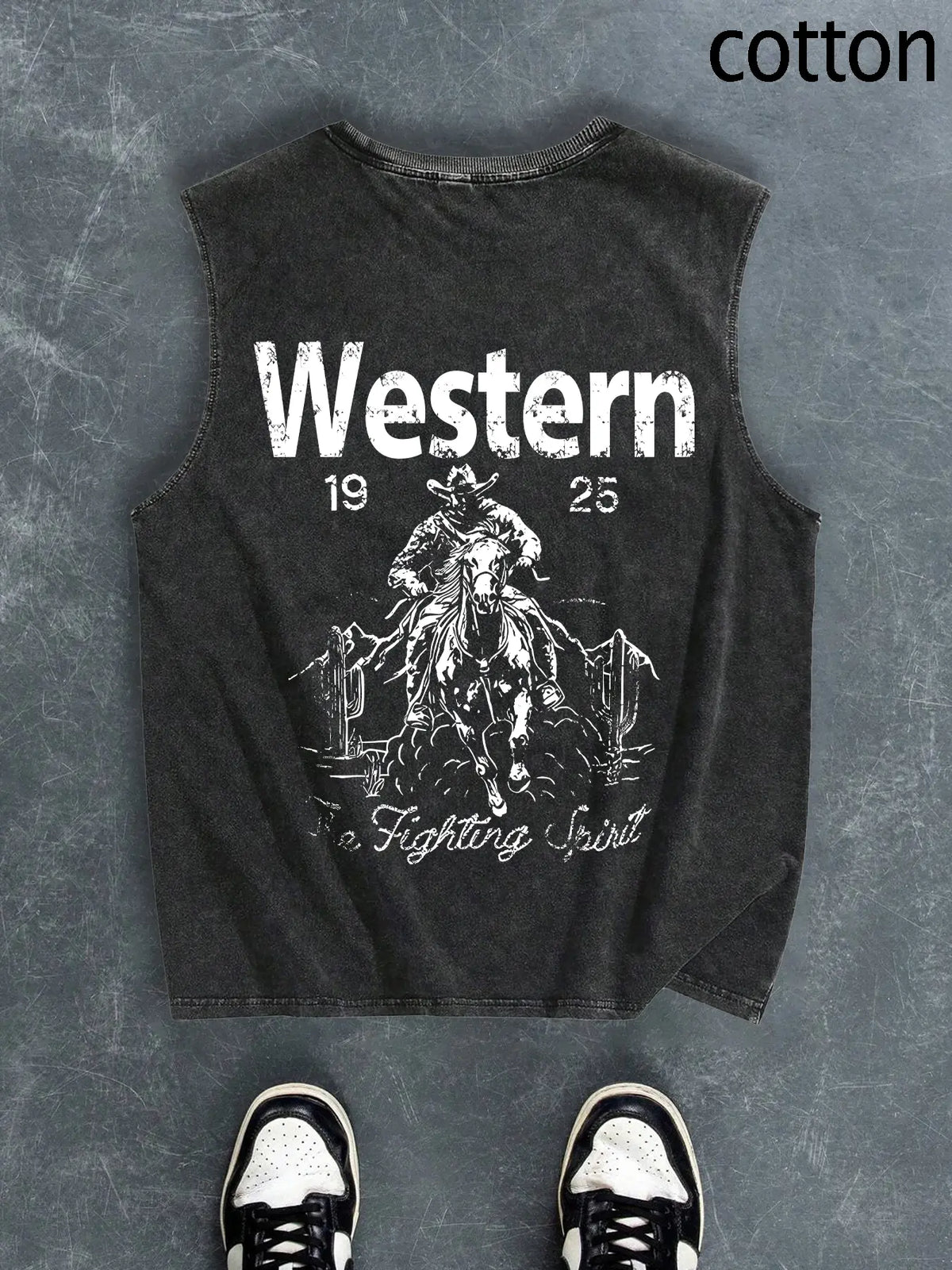 Men's Regular Fit Cartoon Cowboy & Letter Print Tank Top, Casual Comfy Breathable Sleeveless Top for Summer, Fashion Men's Clothes for Daily Wear, Socks