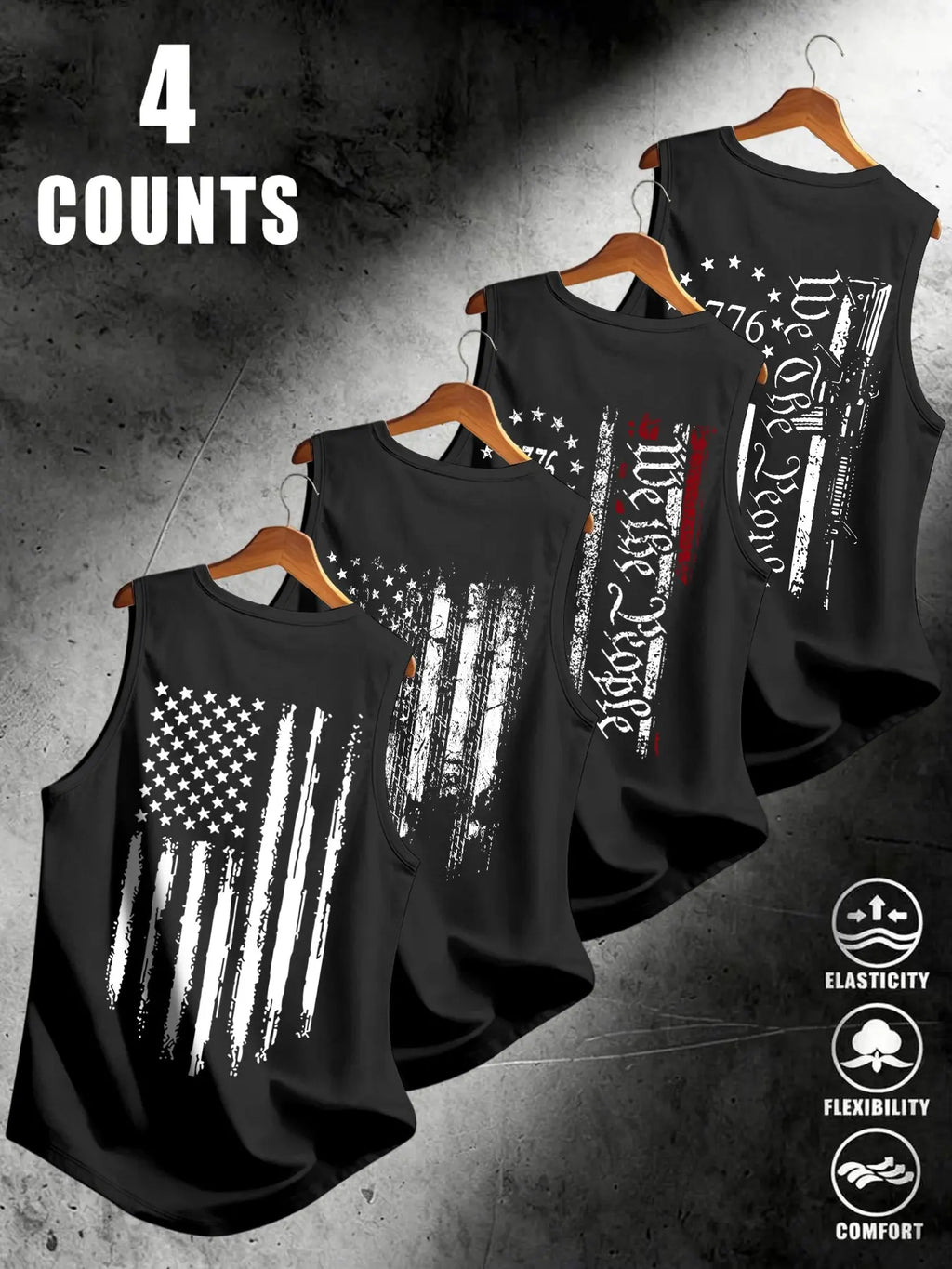 American Flag Print Men's Sleeveless Vest 4-Pack, Breathable Stretchy Fabric, Sporty Fitted, Comfortable for Daily Streetwear, Graphic Sleeveless Shirts