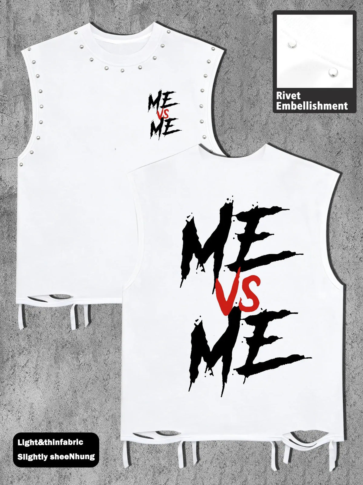 Men's Casual Sleeveless T-Shirt, Comfortable Me Vs Me Graphic Streetwear Tank Top, Trendy Design Top, Menswear, Round Neck, Streetwear Graphic Print