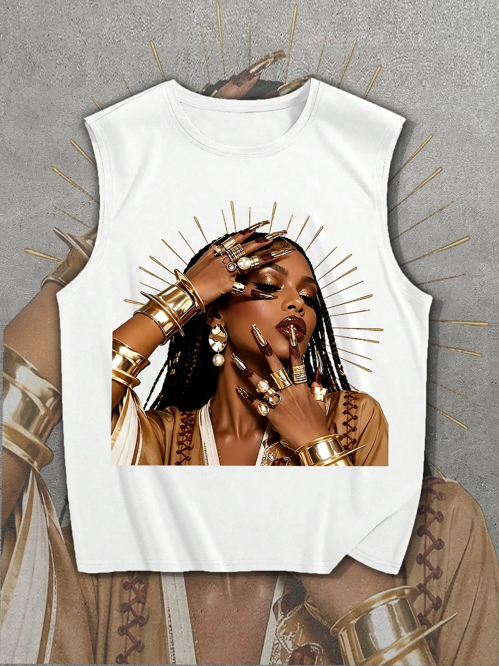 Egyptian Queen Graphic Print Sleeveless T-Shirt, Loose Fit Casual Unisex Street Style Top, Breathable Summer Wear