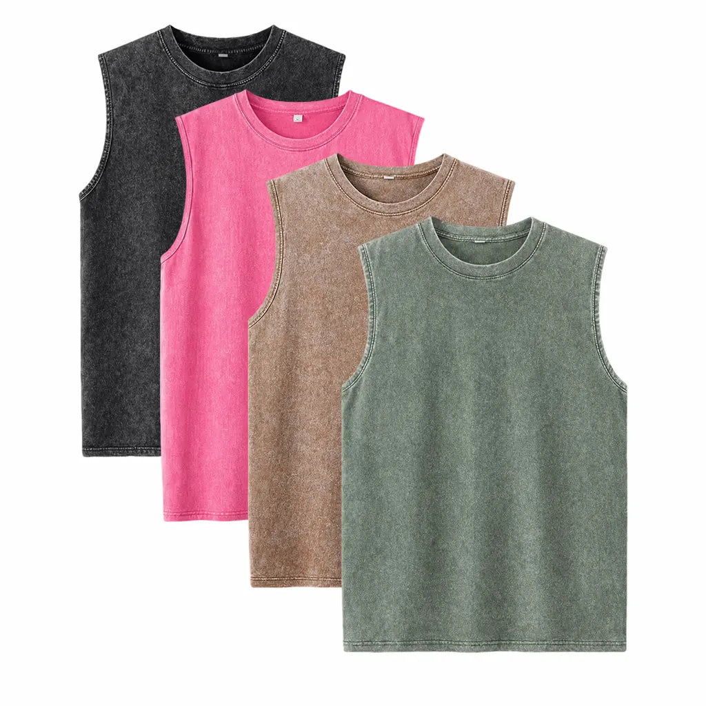 Men’s Plus-Size 4-Piece Classic Crew Neck Tshirt Set, Heavyweight Cotton, Stone-Washed Distressed Finish, Relaxed Drop-Shoulder, Reinforced Ribbed Trim, Retro Streetwear, Black+Gray+Green+Brown, Suitable for Fitness, American High-Street Basic