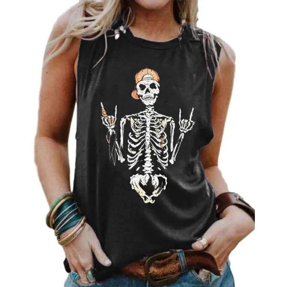 Women's Skull Graphic Print High Neck Sleeveless Tank Top - Flattering Cut, Sleeveless Shirt, Sporty Chic, Size M, Workout-to-Weekend, Short Length, Summer Casual Athletic Wear