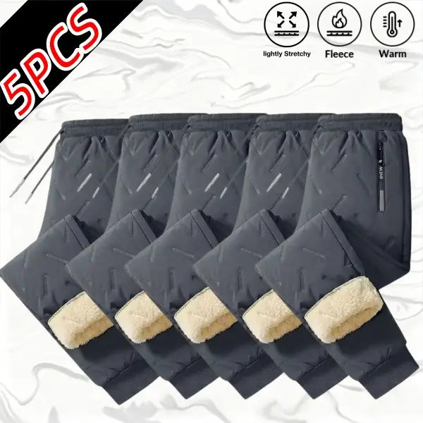 Men's 5-Pack Chic Plain Athletic Thermal Pants - Fleece-Lined Cotton, Thick, Wind-Resistance, Cold-Protective, High-Stretch Elastic Waistband, Tapered Long, Activewear Sportswear for Hiking/Light Outdoor, Everyday Commuting