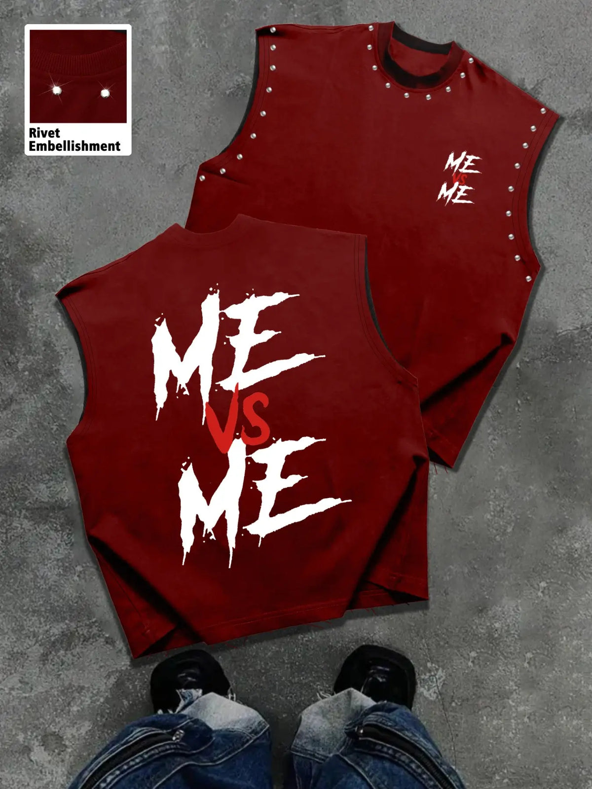 Men's Casual Sleeveless T-Shirt, Comfortable Me Vs Me Graphic Streetwear Tank Top, Trendy Design Top, Menswear, Round Neck, Streetwear Graphic Print
