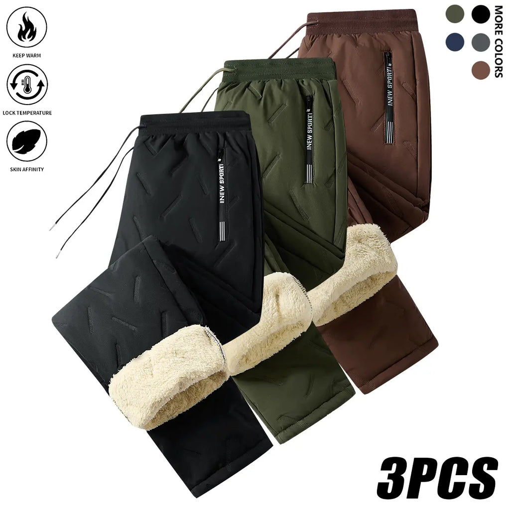 Men’s 3-Pack Fleece-Lined Plain Full-Length Solid Thermal Pants - Low-Rise Elastic Waistband with Drawstring, Zippered Pockets, Machine-Washable Woven Casual Menswear for Under-Layer Warmth