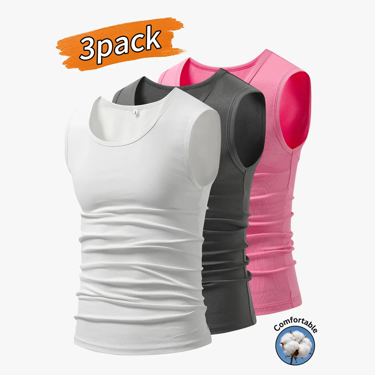 3-Pack Men’s Tank Tops, Men’s Sleeveless T-Shirts, Men’s Cotton Tank Tops Crew neck, simple design; soft, stretchy fabric that feels gentle against the skin and is breathable when worn. Suitable for everyday layering, home wear/sleeping, and workouts/runn