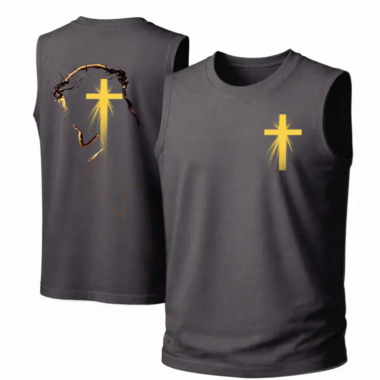 Men’s Lightweight Cotton Loose Casual Sleeveless Crew Neck Tank Top Garment - Menswear, Punk Retro Streetwear, Breathable Soft Fabric, Golden Cross Motif Jesus Graphic, Gymtobeach Wear, Unisex (Hang Dry)