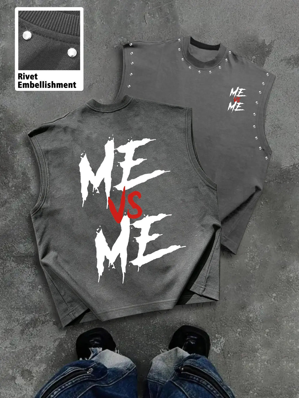 Men's Casual Sleeveless T-Shirt, Comfortable Me Vs Me Graphic Streetwear Tank Top, Trendy Design Top, Menswear, Round Neck, Streetwear Graphic Print