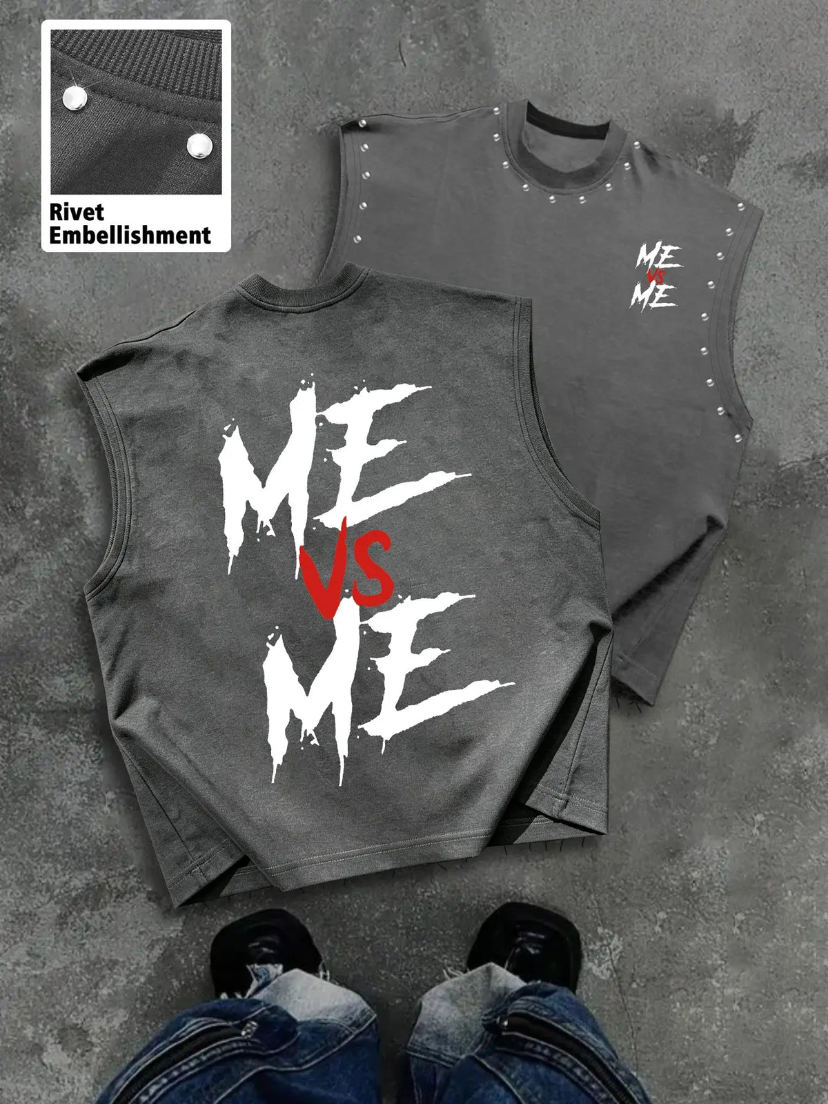 Men's Casual Sleeveless T-Shirt, Comfortable Me Vs Me Graphic Streetwear Tank Top, Trendy Design Top, Menswear, Round Neck, Streetwear Graphic Print