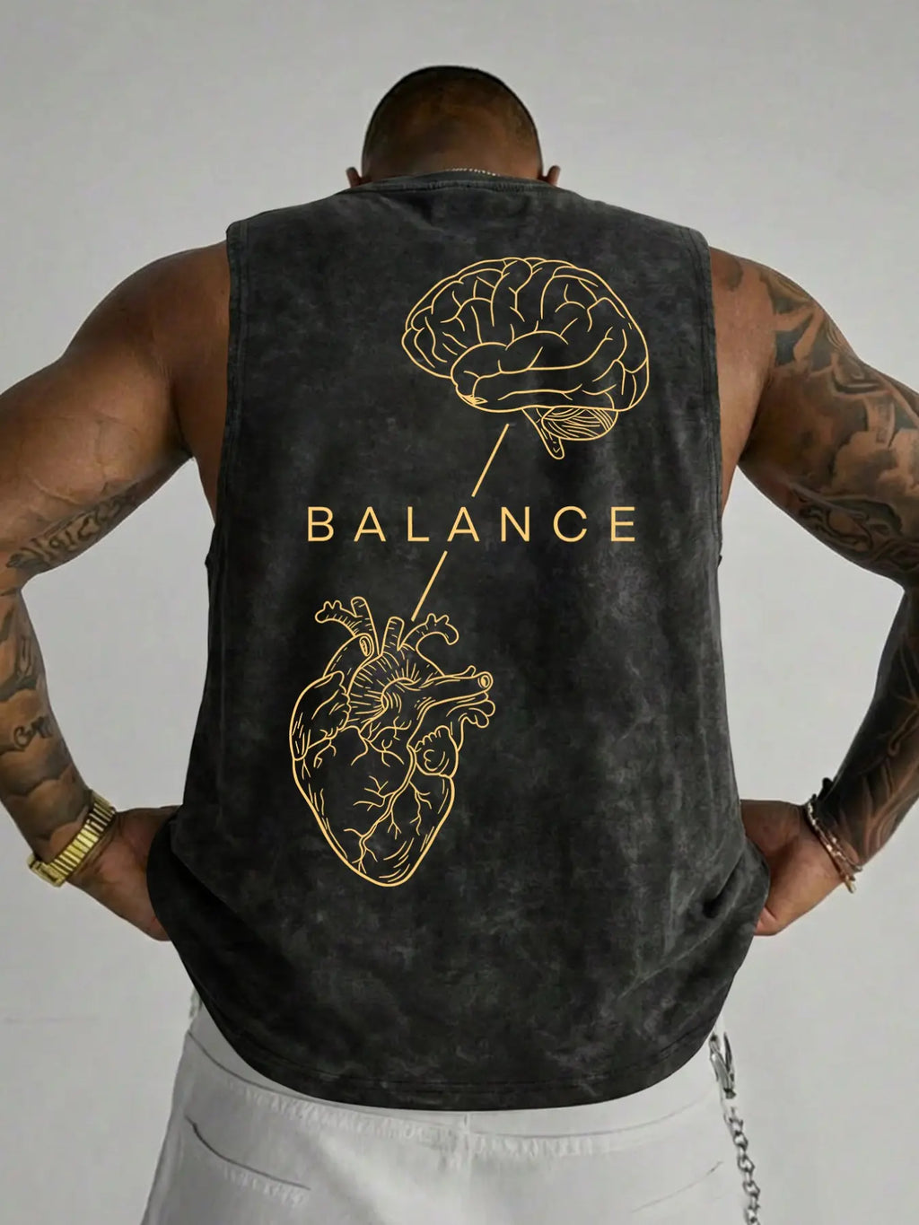100% Cotton Vintage Wash Sleeveless Tank Top, Brain Heart Balance Minimal Line Art Back Print Loose Fit Gym Sleeveless Activewear Fitness Wear Streetwear Graphic Vest, Sleeveless Workout Vest