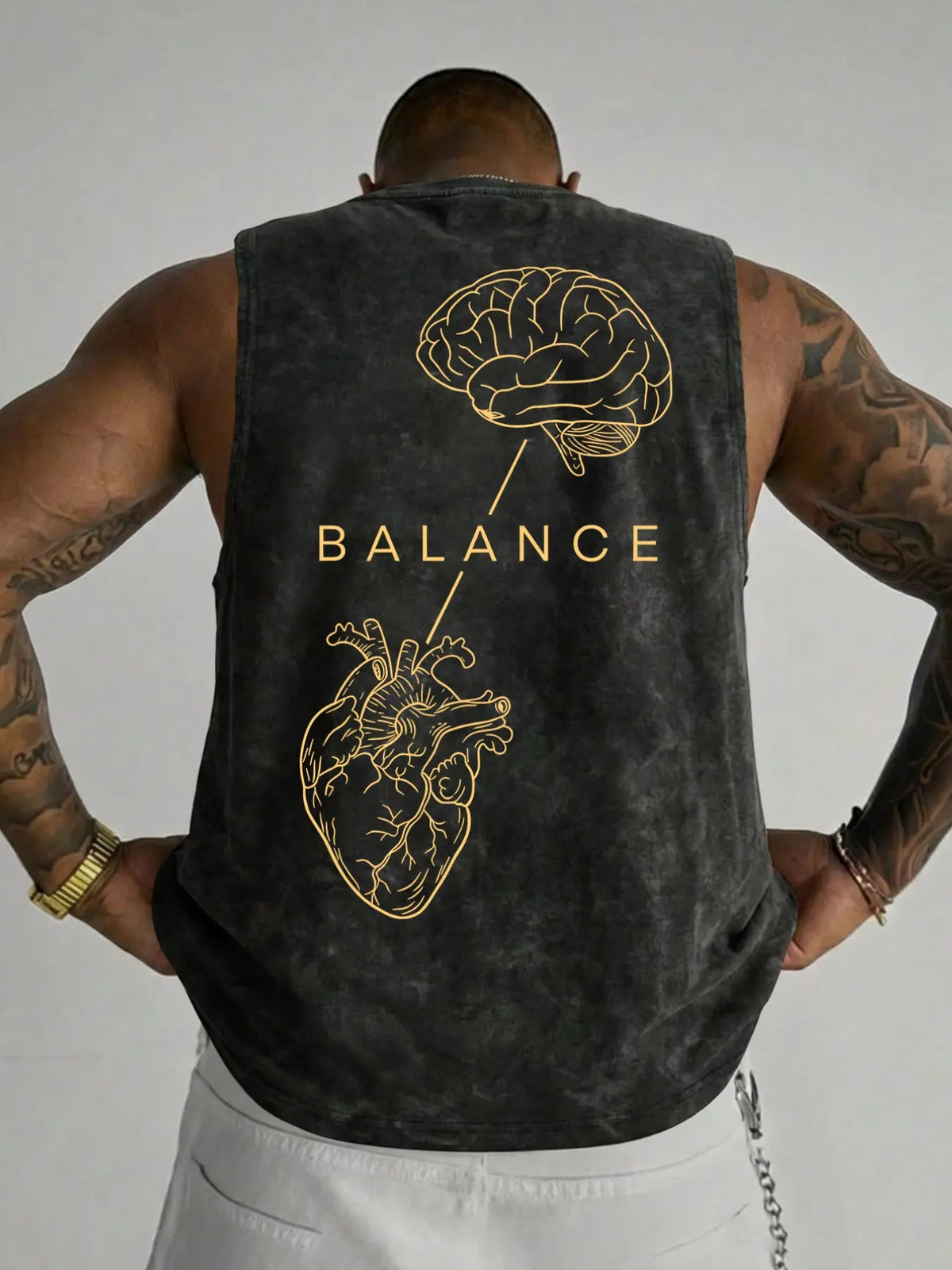 100% Cotton Vintage Wash Sleeveless Tank Top, Brain Heart Balance Minimal Line Art Back Print Loose Fit Gym Sleeveless Activewear Fitness Wear Streetwear Graphic Vest, Sleeveless Workout Vest
