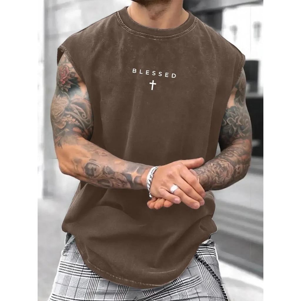 Men's Loose-Fit Sleeveless Short Graphic T-Shirt, Pure Cotton Breathable Menswear Streetwear Street Style Summer Top, Casual Fashion Design for Daily Wear & Sports