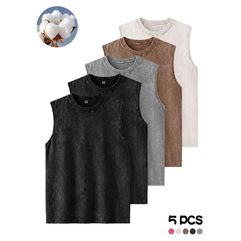Men's Fashion Washed Pure Cotton Crew Neck Sleeveless Tank Tops, Breathable Moisture-Wicking Vest for Summer Outdoor Sports, Casual Outings