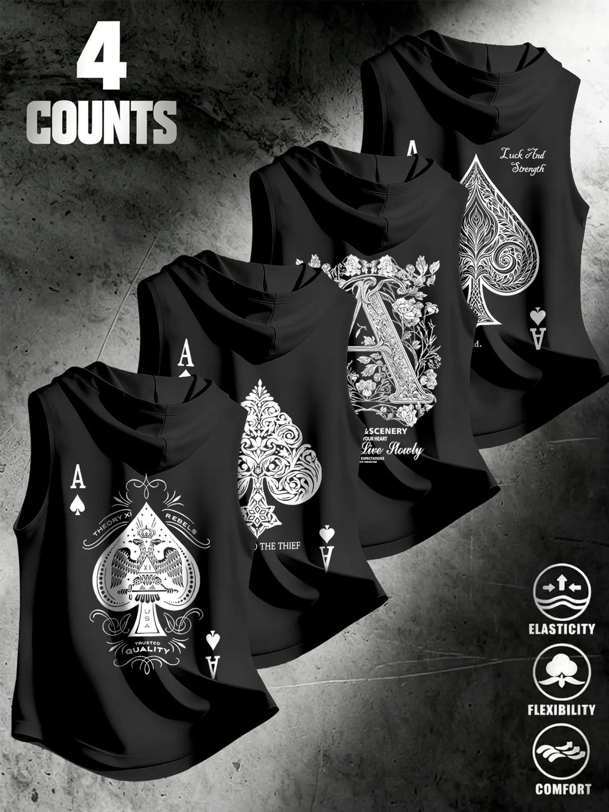 4 Piece Set Men's Streetwear Hooded Sleeveless Clothes Tank Tops, Urban Street Tank, Ace Dark Style, Loose Fit, Multi-Color, Casual Fitness Wear, Stylish Tank Tops