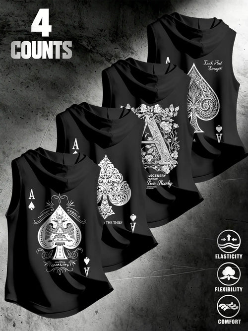 4 Piece Set Men's Streetwear Hooded Sleeveless Clothes Tank Tops, Urban Street Tank, Ace Dark Style, Loose Fit, Multi-Color, Casual Fitness Wear, Stylish Tank Tops