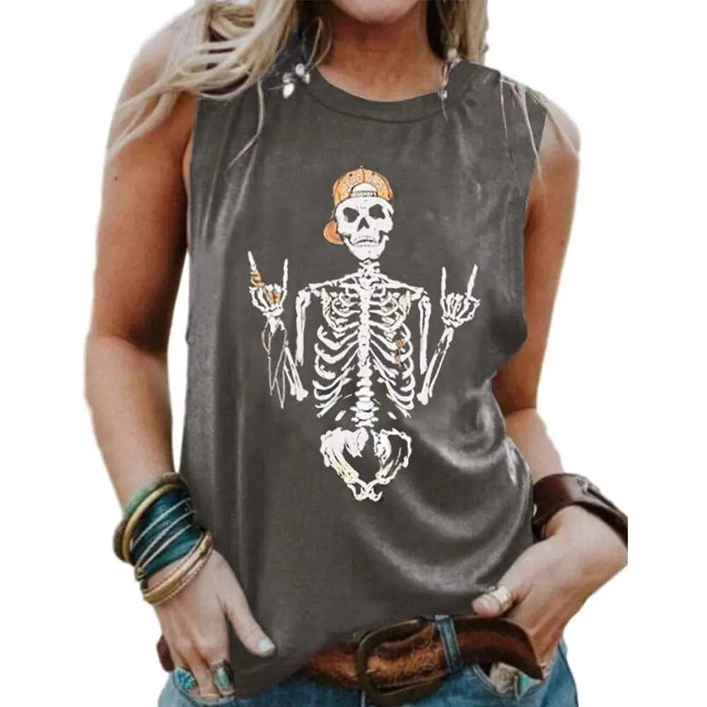 Women's Skull Graphic Print High Neck Sleeveless Tank Top - Flattering Cut, Sleeveless Shirt, Sporty Chic, Size M, Workout-to-Weekend, Short Length, Summer Casual Athletic Wear