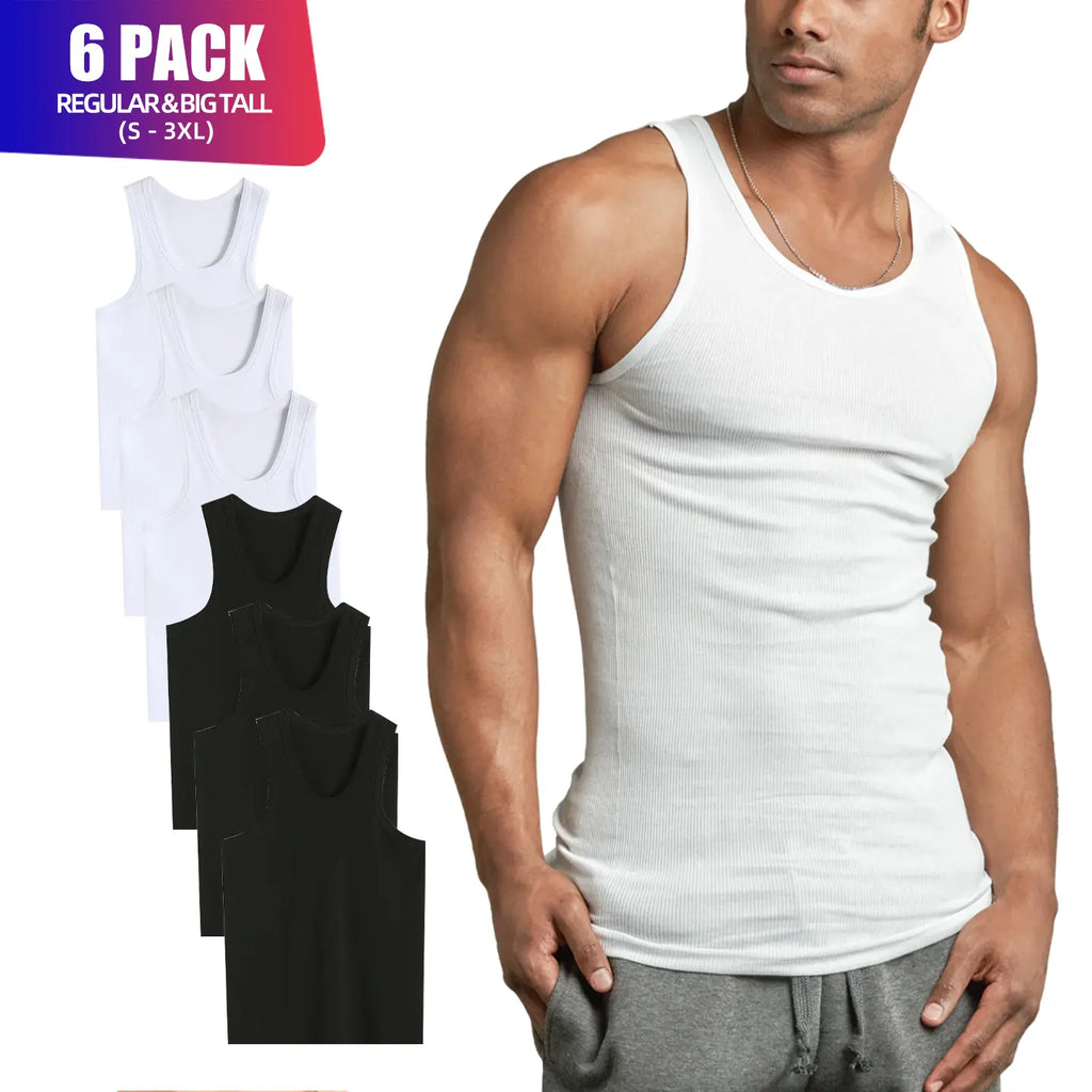 Men's 6-Pack 100% Cotton Ribbed Tank Tops, Breathable Sleeveless Underwear Undershirts, Solid Classic Casual Menswear for Workout, S-3XL Regular & Big & Tall Sizes