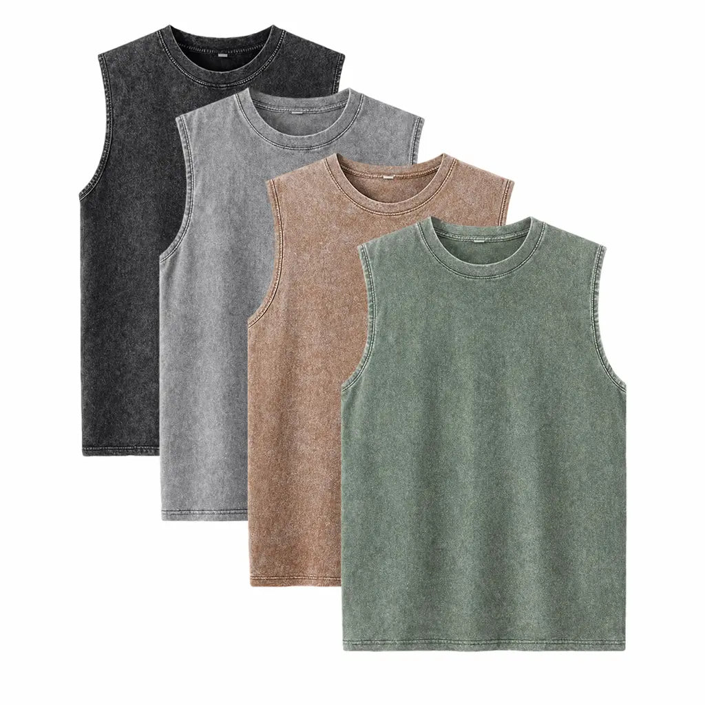 Men’s Plus-Size 4-Piece Classic Crew Neck Tshirt Set, Heavyweight Cotton, Stone-Washed Distressed Finish, Relaxed Drop-Shoulder, Reinforced Ribbed Trim, Retro Streetwear, Black+Gray+Green+Brown, Suitable for Fitness, American High-Street Basic