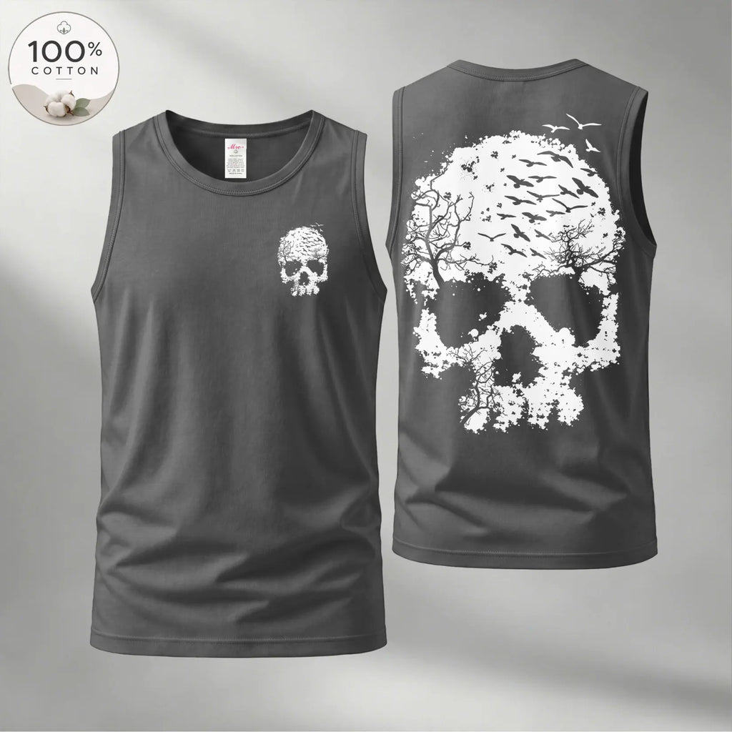 Men’s 100% Cotton Sleeveless Tank Top, Skull Graphic Muscle Shirt, Front and Back Print Casual Summer Tee, Soft Breathable Loose Fit Streetwear Top for Gym and Daily Wear
