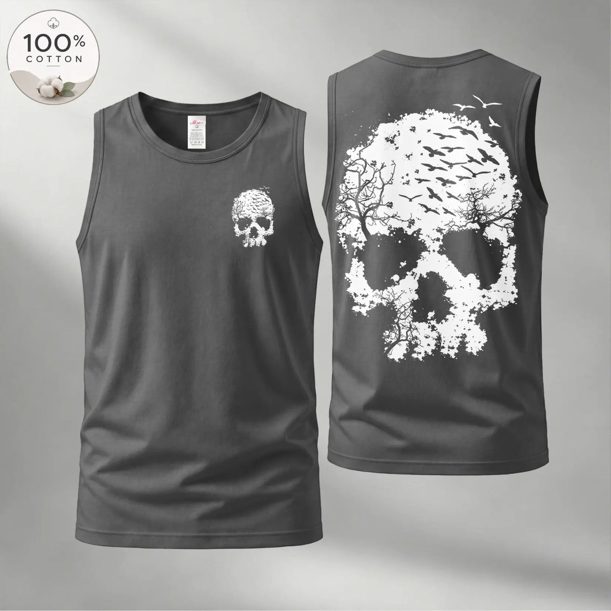 Men’s 100% Cotton Sleeveless Tank Top, Skull Graphic Muscle Shirt, Front and Back Print Casual Summer Tee, Soft Breathable Loose Fit Streetwear Top for Gym and Daily Wear