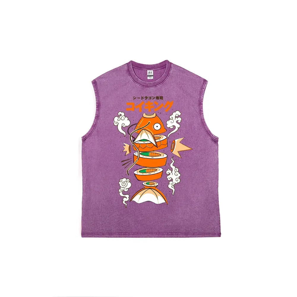 Men's Vintage Graphic Tank Top with Japanese Sushi Print - Distressed 100% Cotton Streetwear, Loose Fit & Breathable Fabric