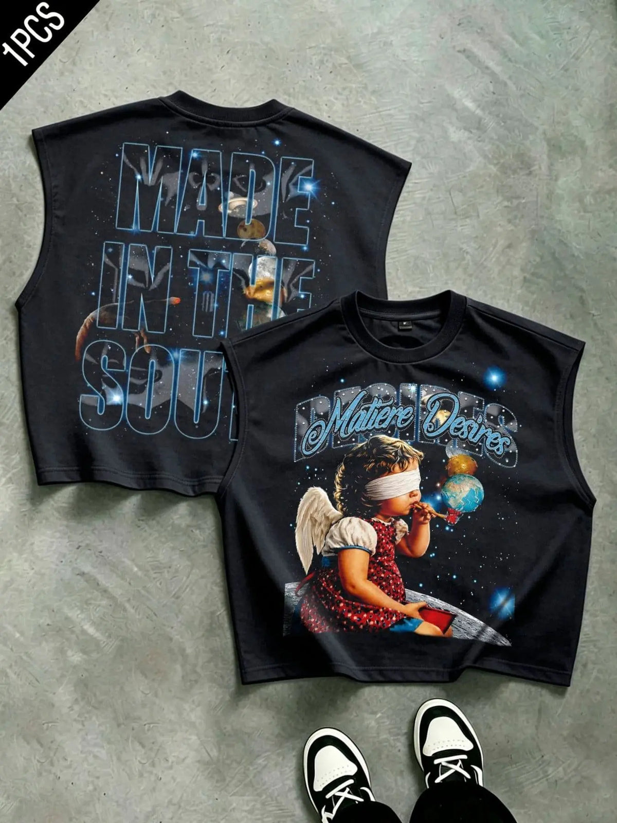 Unisex loose-fit, Oversize, cropped, round-neck sleeveless tank top featuring a "starry cosmos" slogan and "angelic child" graphic; designed with a distressed dark grey finish for a casual, vintage retro street-style look