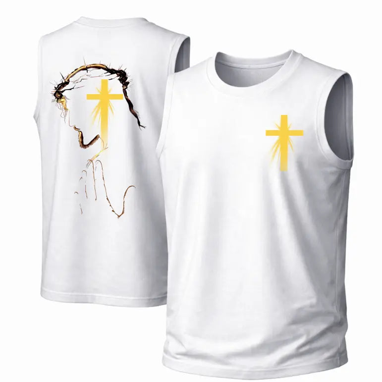 Men’s Lightweight Cotton Loose Casual Sleeveless Crew Neck Tank Top Garment - Menswear, Punk Retro Streetwear, Breathable Soft Fabric, Golden Cross Motif Jesus Graphic, Gymtobeach Wear, Unisex (Hang Dry)